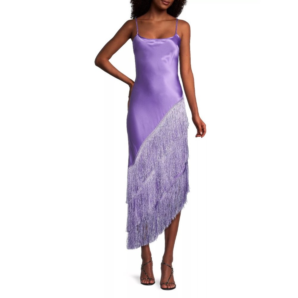 Delfi Collective 100% Silk Cristina Asymmetrical Fringe Dress Lavender Purple L
